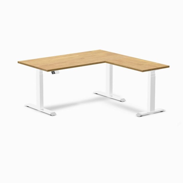 Desky L-shape Sit To Stand Light Oak Rubberwood Desk 1500x750x1550x500mm White Leg