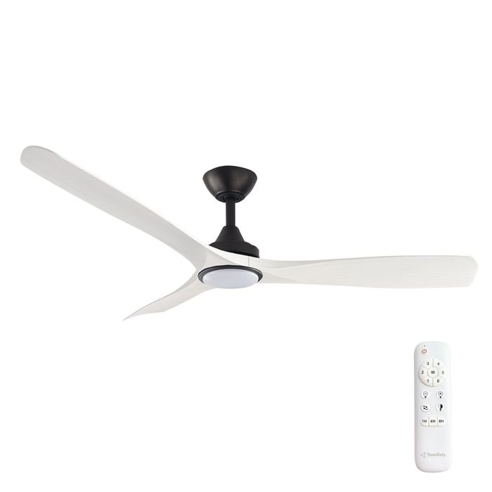 Threesixty 132cm Black Motor Whitewash 3 Blade With Light Ceiling Fan