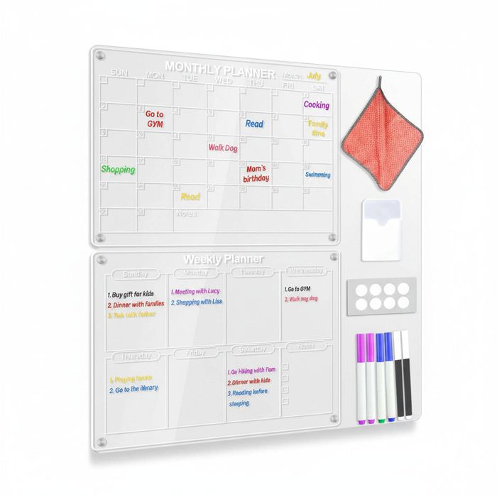 Clear Acrylic Magnetic Dry Erase Board and Calendar for Fridge - 43x30cm with 6 Markers and Towel