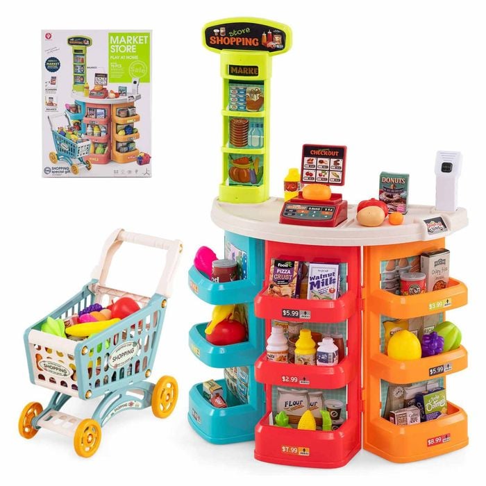 Costway 76PC Supermarket Playset Kid Grocery Store Set Shop Toy Blue