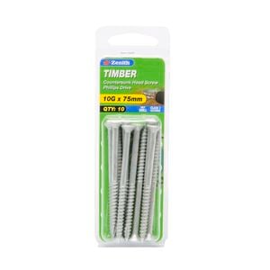 Zenith 10G x 75mm Galvanised Countersunk Head Timber Screws - 10 Pack