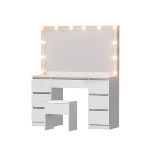 Vanity Desk with Mirror and Stool, Wooden Dressing Table Set with 7 Drawers, 3 Colors LED Bulbs Makeup Table for Bedroom, White