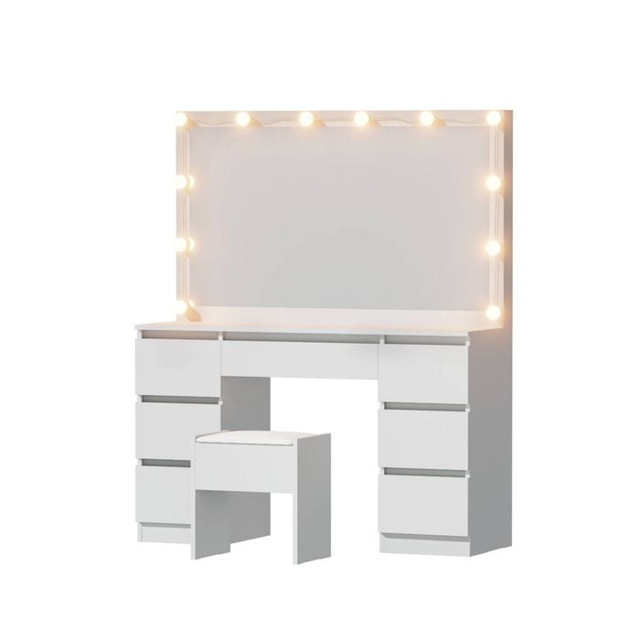 Vanity Desk with Mirror and Stool, Wooden Dressing Table Set with 7 Drawers, 3 Colors LED Bulbs Makeup Table for Bedroom, White