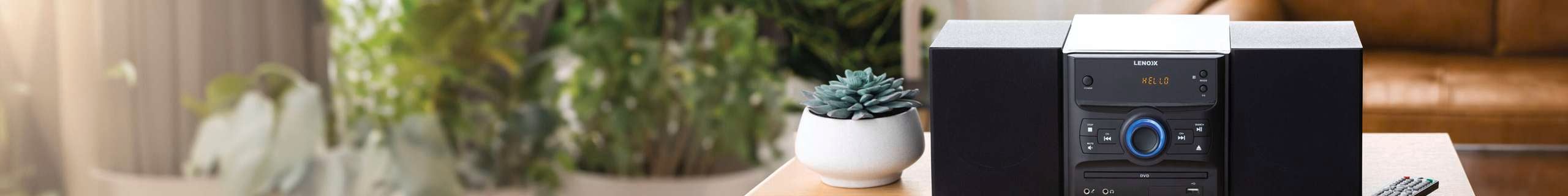 small stereo sitting on a timber coffee table with pot plant