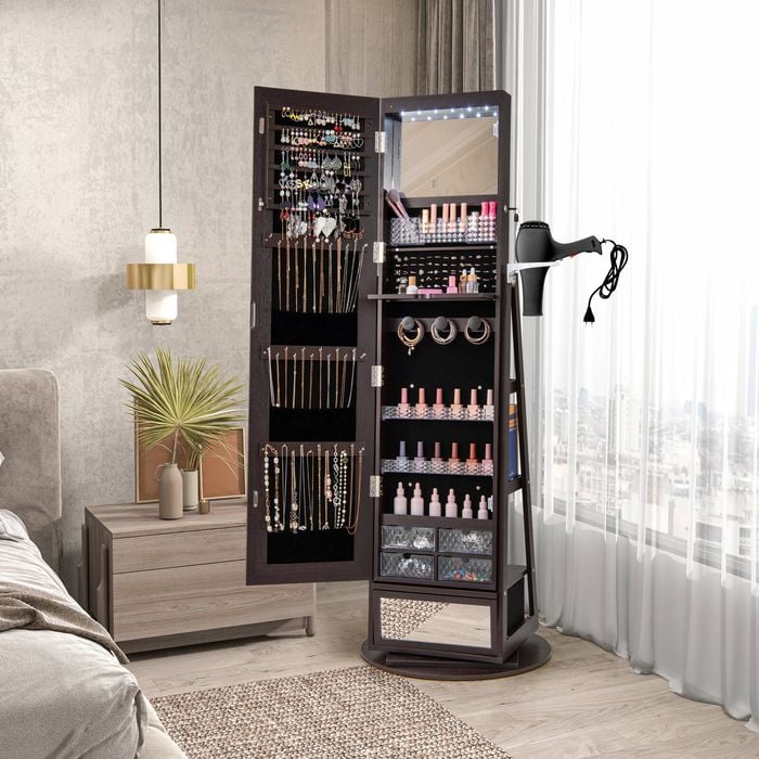 Costway 4 In 1 Rotating Jewellery Storage Full Length Mirror Coffee