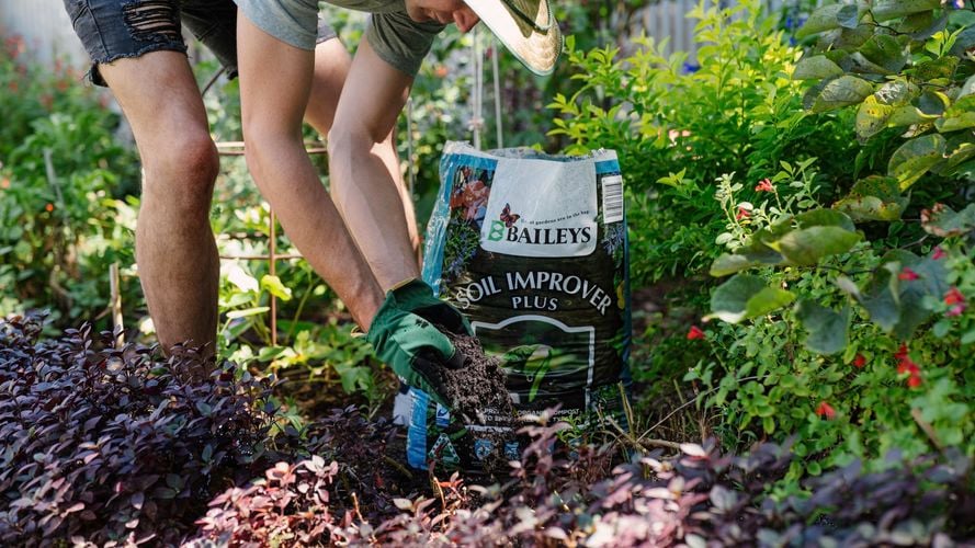 Person applying soil improver to a garden bed.