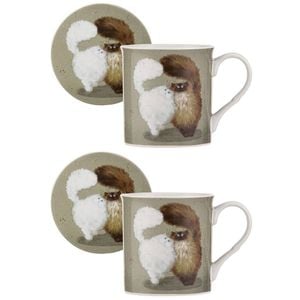 2PK Ashdene Kim's Cats Double Puff New Bone China Mug & Coaster Set 330ml Green