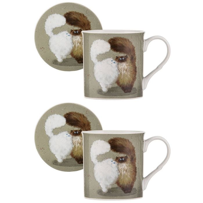 2PK Ashdene Kim's Cats Double Puff New Bone China Mug & Coaster Set 330ml Green