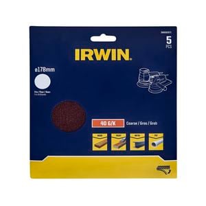 IRWIN 178mm 40 Grit No Holes Quick Fit Random Orbital Sanding Disc - 5 Pack