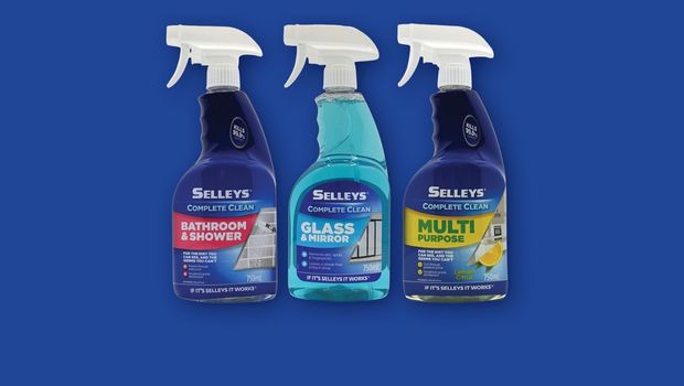 Three different Selleys cleaning products positioned together on a blue background.