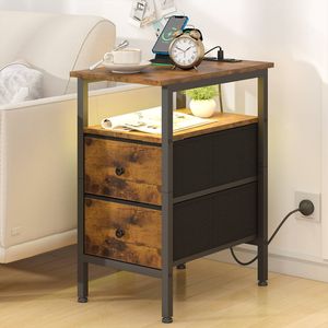 Advwin LED Side Table Sofa End Table w/ Charging Station & 2 Drawer Narrow Bedside Table Walnut
