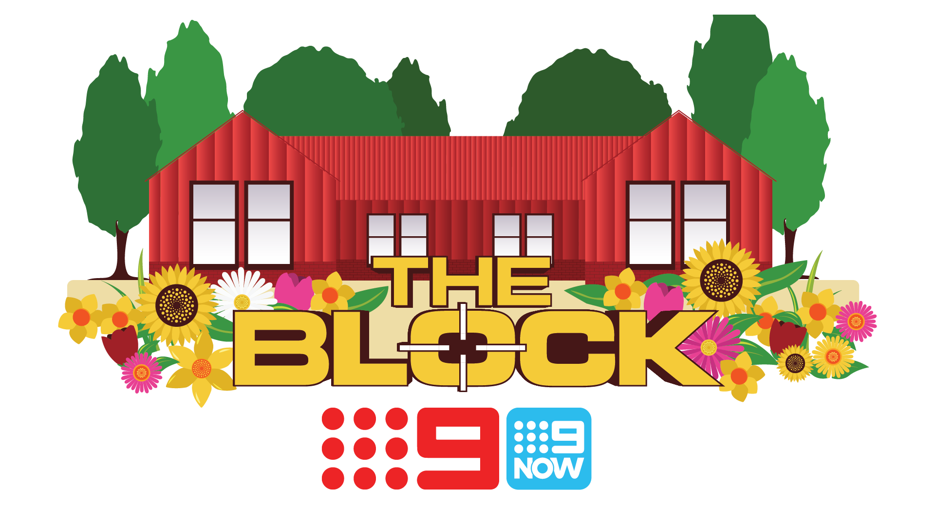 A graphic of a house with trees behind it, The block in yellow writing and the channel 9 and 9 now logo underneath it.