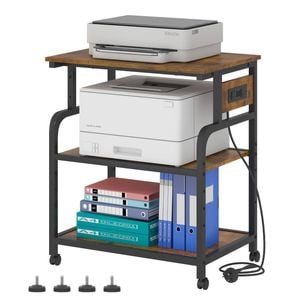 Ufurniture Mobile Printer Stand with Power Outlet 3 Tier Heights Adjustable 56×38 ×65cm Walnut