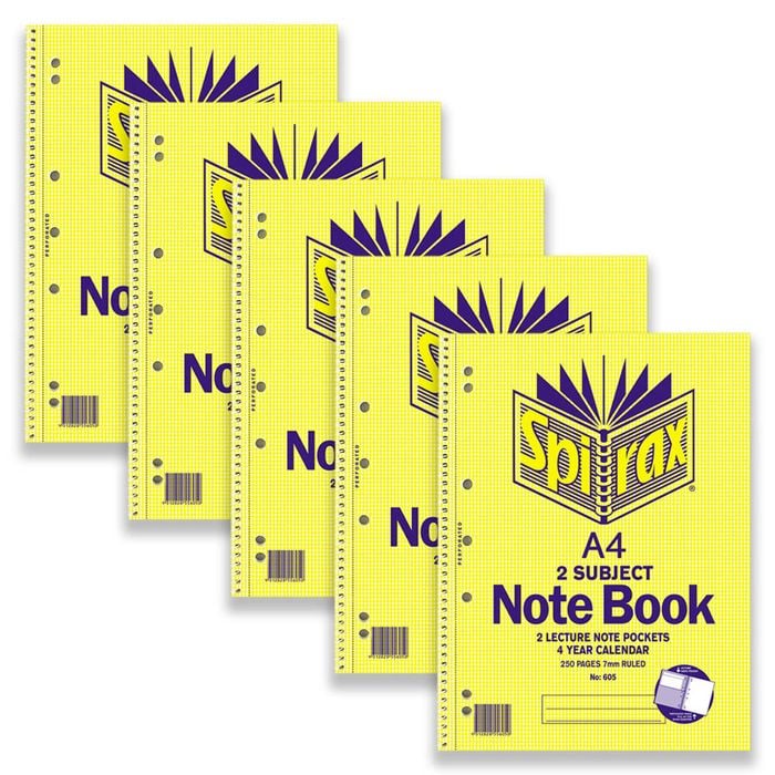 5pc Spirax 605 2 Subject A4 Spiral Notebook School Writing Stationery 250-pages
