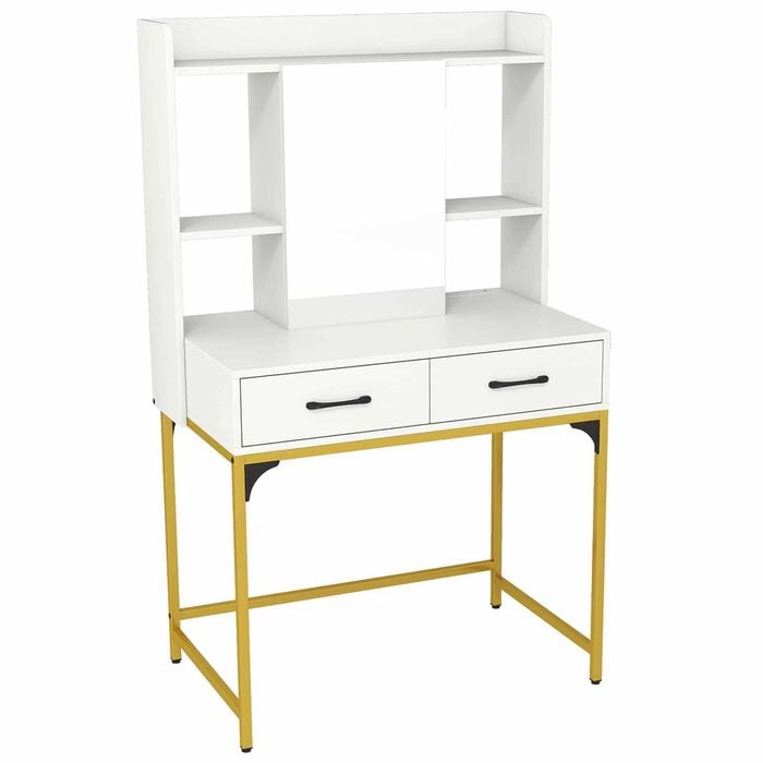 Costway Mirror Vanity Desk Stool 80cm Power Outlet Drawer Shelves Bedroom