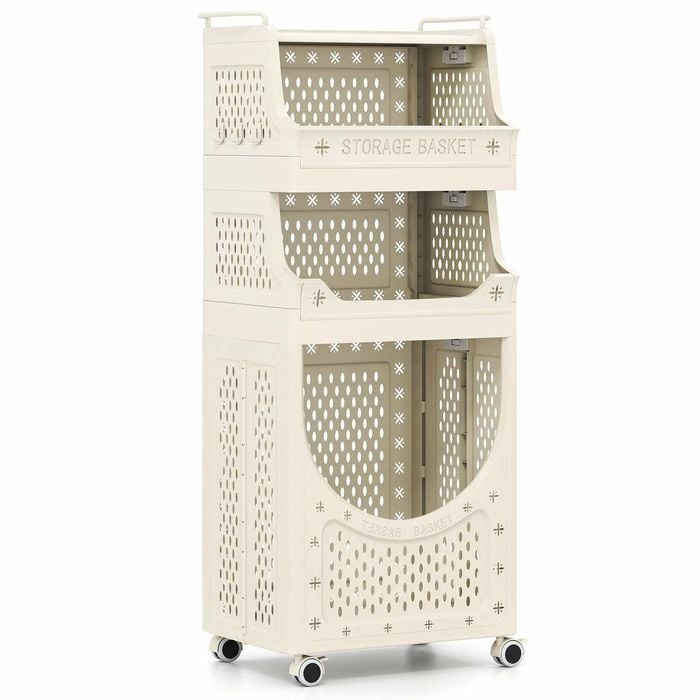 Costway 4-Tier Laundry Cart Folding Hamper w/2 Basket 6 Hook Utility Cart