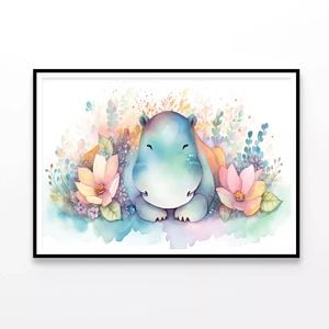 Hippo in Flower Blossom Garden  Print 100% Australian Made 90x60cm  (Poster)