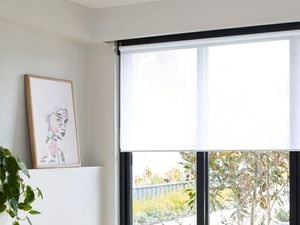 Indoor corner with painting facing a window with blinds
