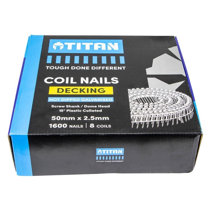 Titan 50 x 2.5mm Hot Dipped Galvanised Collated Coil Nail Screw Dome Ring - 1600 Pack