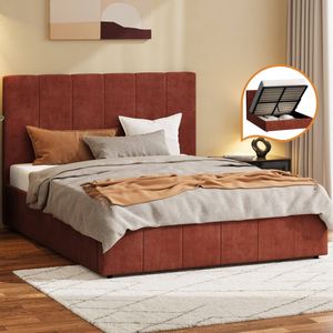 Oikiture Bed Frame Queen Size Beds Gas Lift Mattress Base Fluted Headboard Rust