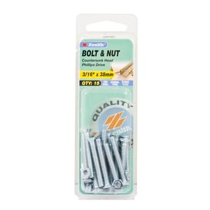 Zenith 3/16" x 38mm Zinc Plated Countersunk Head Bolt And Nut - 15 Pack