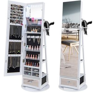 Costway 4 In 1 Swivel Jewelry Organizer Makeup Storage Cabinet White