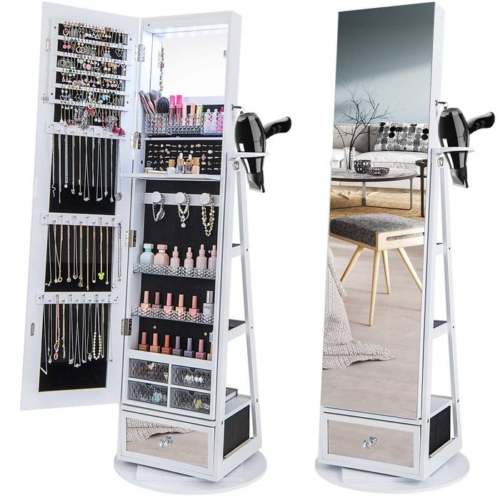 Costway 4 In 1 Swivel Jewelry Organizer Makeup Storage Cabinet White