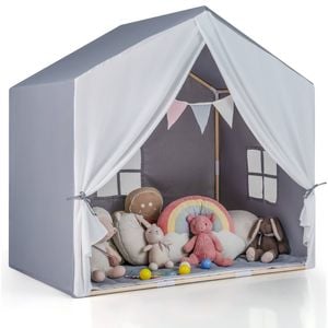 Costway Kids Play Tent W/mat Solid Wood Frame Playhouse Castle Grey