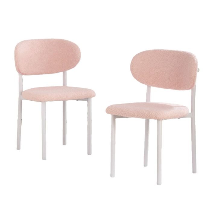 BRIBRION x2 Boucle Dining Chairs with White Metal Legs Upholstered Sherpa Fleece Open Back for Kitchen Restaurant Baby Pink