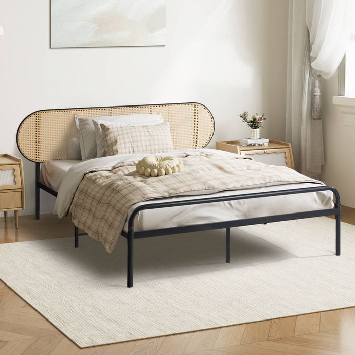 Oikiture Bed Frame Single Size Metal Base with Rattan Headboard