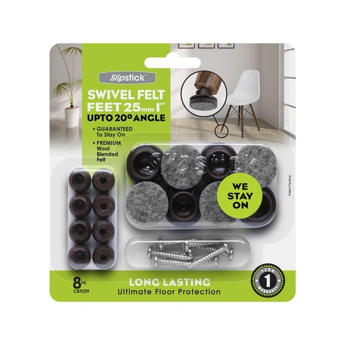 Slipstick 25mm Ultimate Floor Protection Swivel Tap-In Felt Feet - 8Pack
