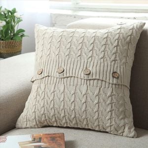 CottonMore Home Decor Knitted Cushion Cover Twisted stripes w buttons Natural 45x45cm