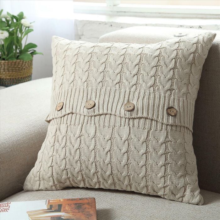 CottonMore Home Decor Knitted Cushion Cover Twisted stripes w buttons Natural 45x45cm