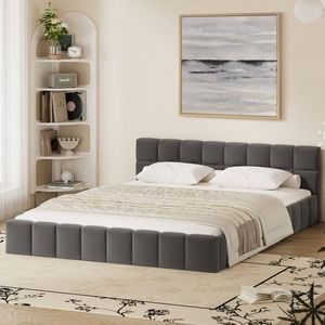 Oikiture Bed Frame Queen Size Tufted Headboard Grey Velvet