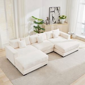 Homfurn 326cm Oversized 3 Seater Sofa with Chaise, Corduroy Large Sectional Couches with 2 Footstools