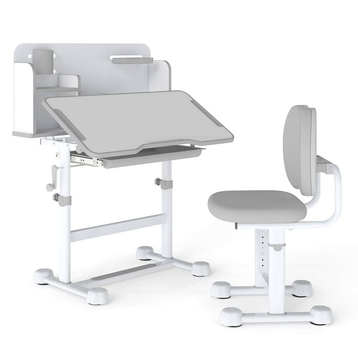 Costway Tilt Kid Study Desk & Chair Set Adjustable Writing Table Set Grey