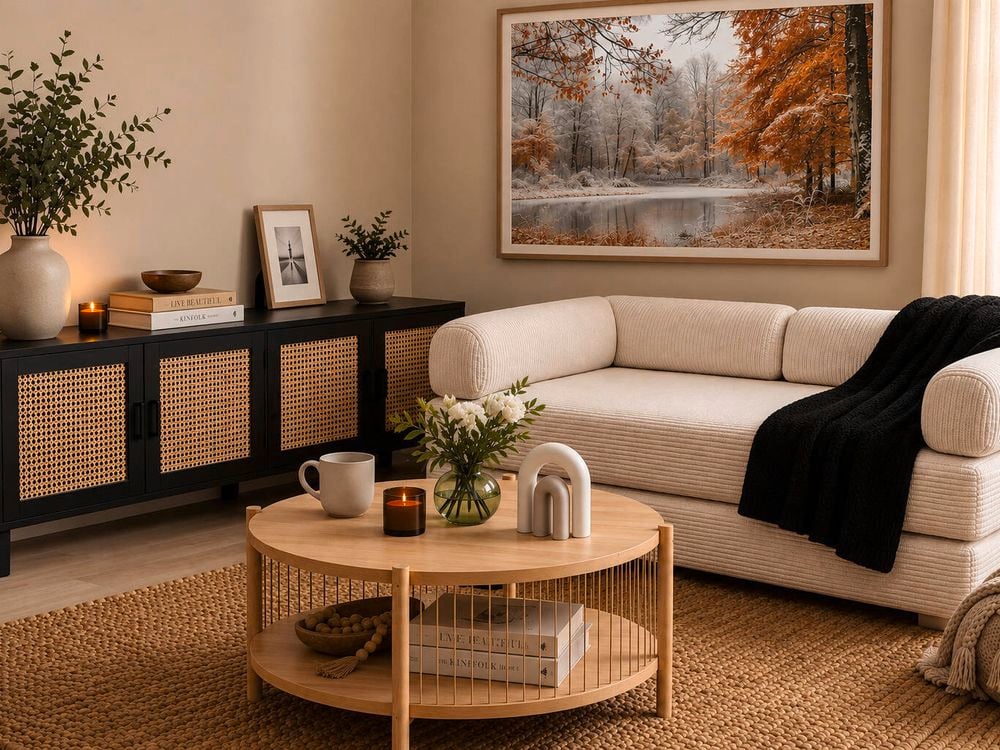 Cozy, neutral-toned living room featuring a cream sectional sofa with a black throw blanket, a round wooden coffee table with flowers, candles, and decorative objects, and a black sideboard with woven cane doors. A large framed autumn landscape artwork hangs above the sofa, while plants, books, and soft natural light from a nearby window create a warm, inviting atmosphere.