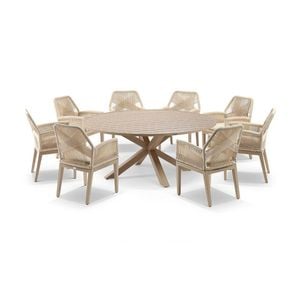 Houston Outdoor 1.8m Aluminium Dining Setting Light Oak Look With 8 Hugo Chairs & Cream Rope/cream Cushions