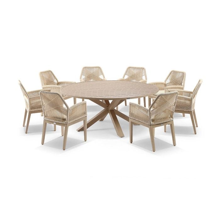 Houston Outdoor 1.8m Aluminium Dining Setting Light Oak Look With 8 Hugo Chairs & Cream Rope/cream Cushions
