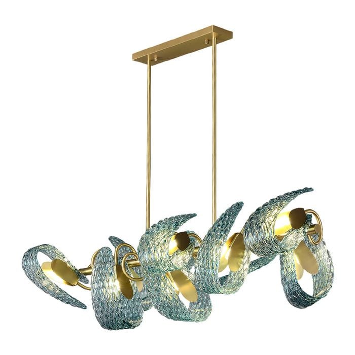 LumenSphere Aquaflow 8-Light Bar Pendant - Brass Finish, Aqua Glass, Brass Frame, G9 Base
