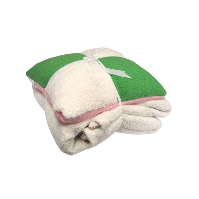 Ivory/Green/Pink Sherpa Faux Fur Throw Rug + Square Cushion