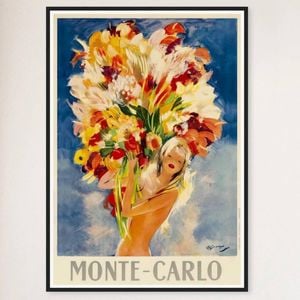 Galrie Monte Carlo Vintage Travel Poster with Bouquet of Flowers Art for Home Décor, Black Frame, A1 60 x 84cm (23 x 33inch)