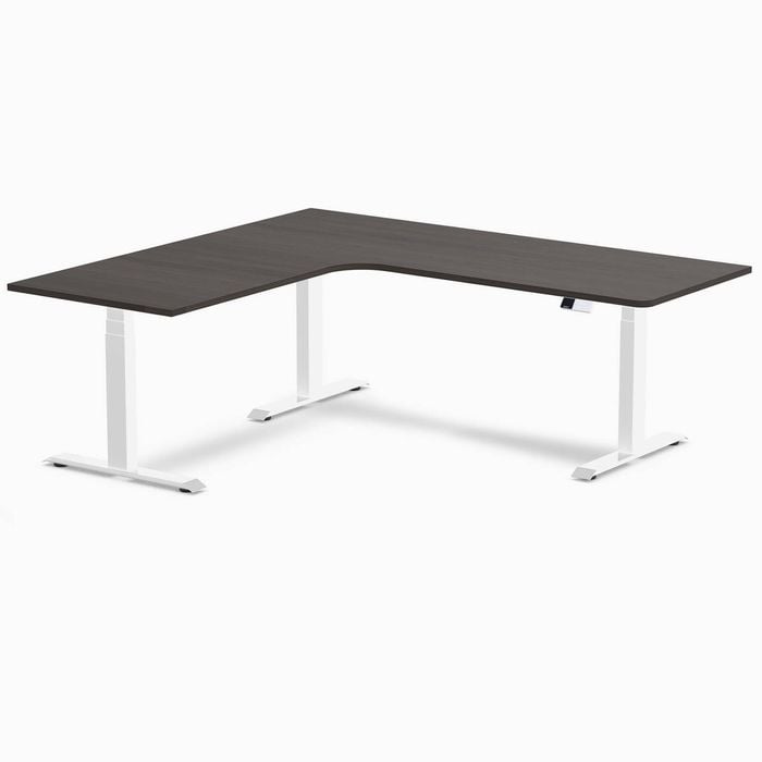 Desky L-shape Sit To Stand Burnished Wood Melamine Desk 2000x1800mm - Left Return Height Adjustable White Leg