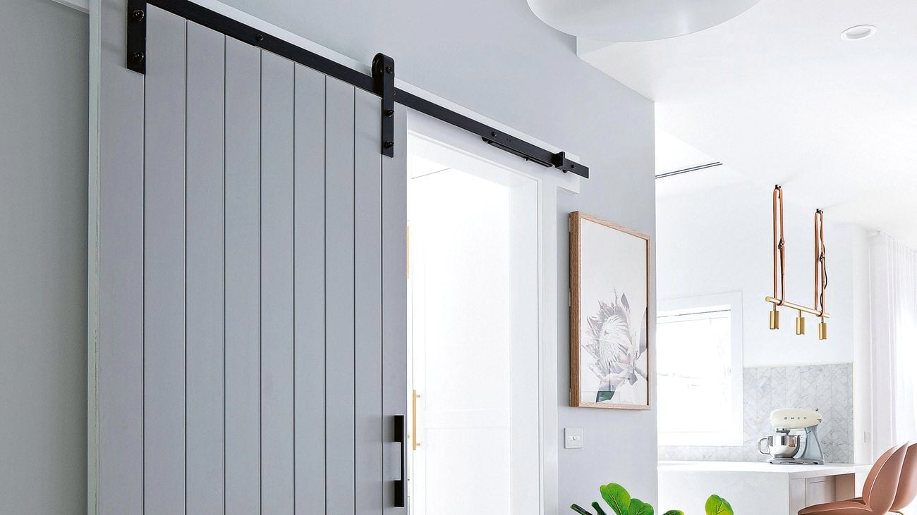 Barn door clad in Easycraft VJ-look panelling, painted in Dulux Flooded Gum.