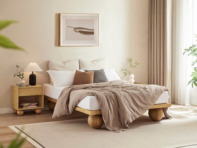 The
  Orbie  timber bed frame encompasses all
  the things we love about Japandi style with its pared-down design and
  uncompromising practicality.