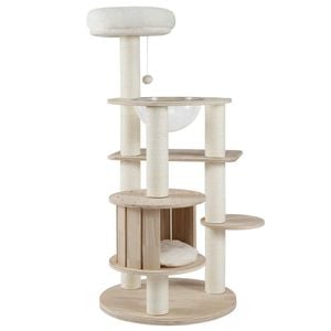 Costway 1.32m Wood Cat Tree Scratching Post W/cando Natural