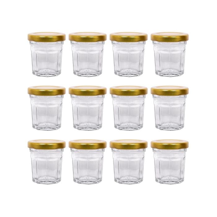 Argon Tableware 30ml Glass Jam Jars With Airtight Gold Lids - Set Of 12 Empty Screw Top Kitchen Storage Preserving Jar