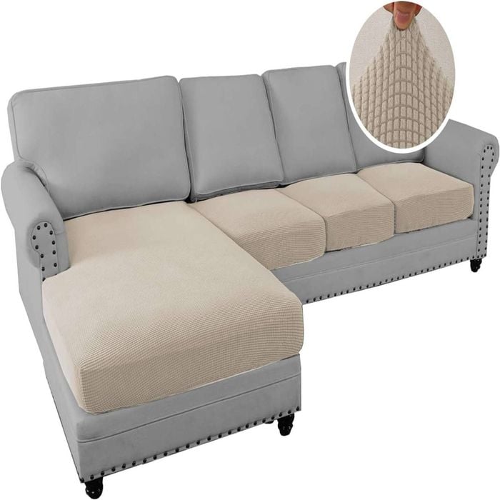 Smarcute L-shaped Sectional Sofa Covers Couch Lounge Cushion Cover (seat Only: 1 Chaise + 3 Seat Cover, Beige)