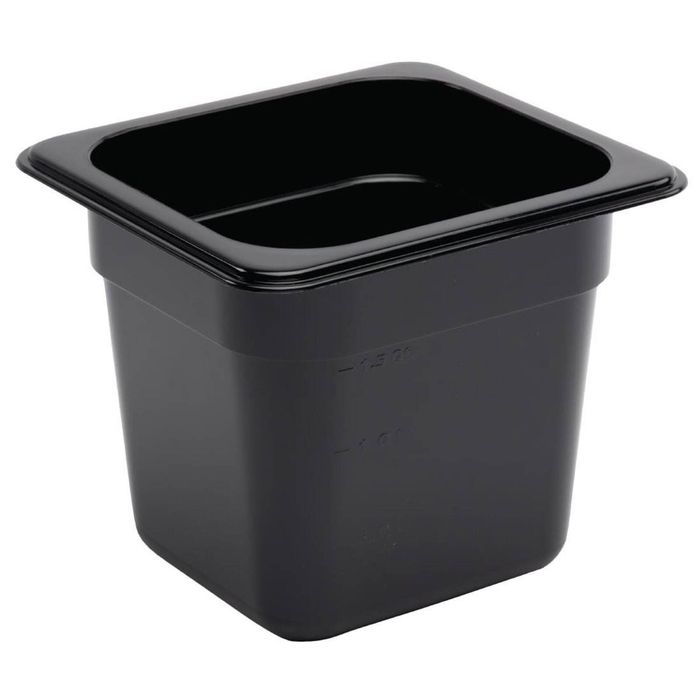 Vogue Food Pan Container Black Polycarbonate Gn 1/6 150mm Commercial Kitchen Storage