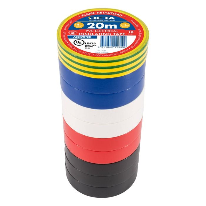 DETA 20m 18mm Assorted Flame Retardant PVC Tape - 10 Pack